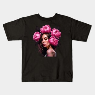 Flower Head Woman with Pink Peony Roses Kids T-Shirt